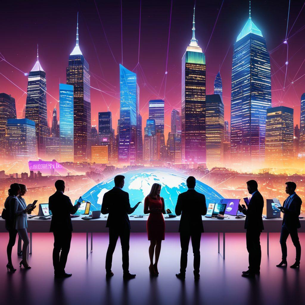 A dynamic scene depicting a diverse group of people engaged in networking at a modern conference, showcasing enthusiastic conversations, digital devices in hand. In the background, a vibrant city skyline symbolizes growth, with prominent personal branding elements like logos and social media apps floating around. The atmosphere is energetic and collaborative, with bright colors to emphasize potential and connections. super-realistic. vibrant colors. 3D.