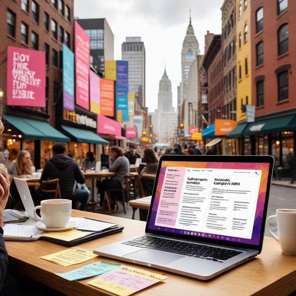 A diverse array of professionals engaged in various job search activities, such as browsing a laptop with job listings, networking at a coffee shop, and polishing resumes, all set against a vibrant city backdrop. Include motivational elements like sticky notes with positive affirmations and a clock symbolizing time management. Illustrate a colorful and inviting workspace atmosphere. super-realistic. vibrant colors. 3D.