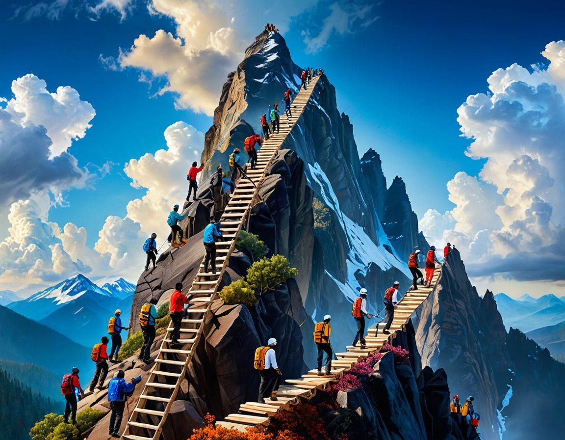 A vibrant depiction of a diverse group of professionals scaling a mountain, symbolizing career advancement. The scene includes bright skies and uplifting imagery of ladders and pathways being formed by insightful strategies, books, and tools around them. Each individual displays a sense of determination and growth. This image illustrates the concept of unlocking potential and achieving success. super-realistic. vibrant colors. dynamic composition.